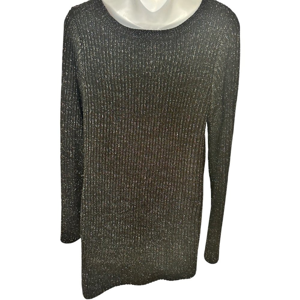 I.N. Studio Black Metallic Ribbed Knit Asymmetrical Hem Sweater Large Long Sleev